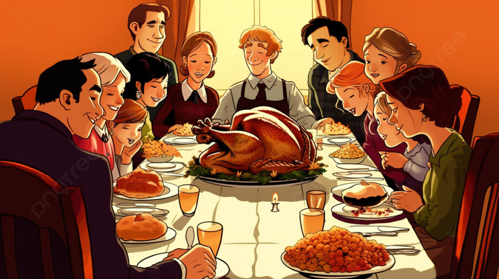 Depiction of illustrated family eating together with a turkey on the table. 