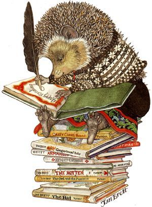 Decorative image of small hedgehog sitting on pile of books, illustrated by Jan Brett.