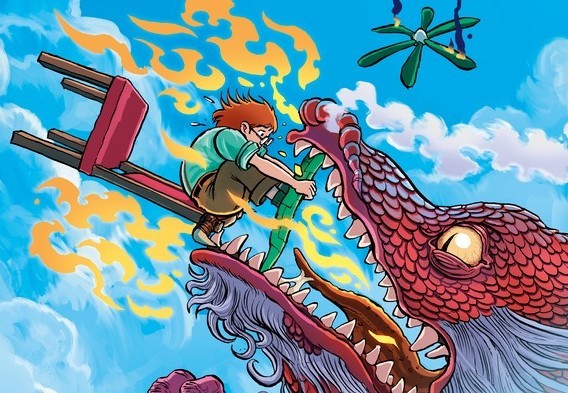 A boy fights a dragon in the sky in a page from Brandon Sanderson's The Most Boring Book Ever.